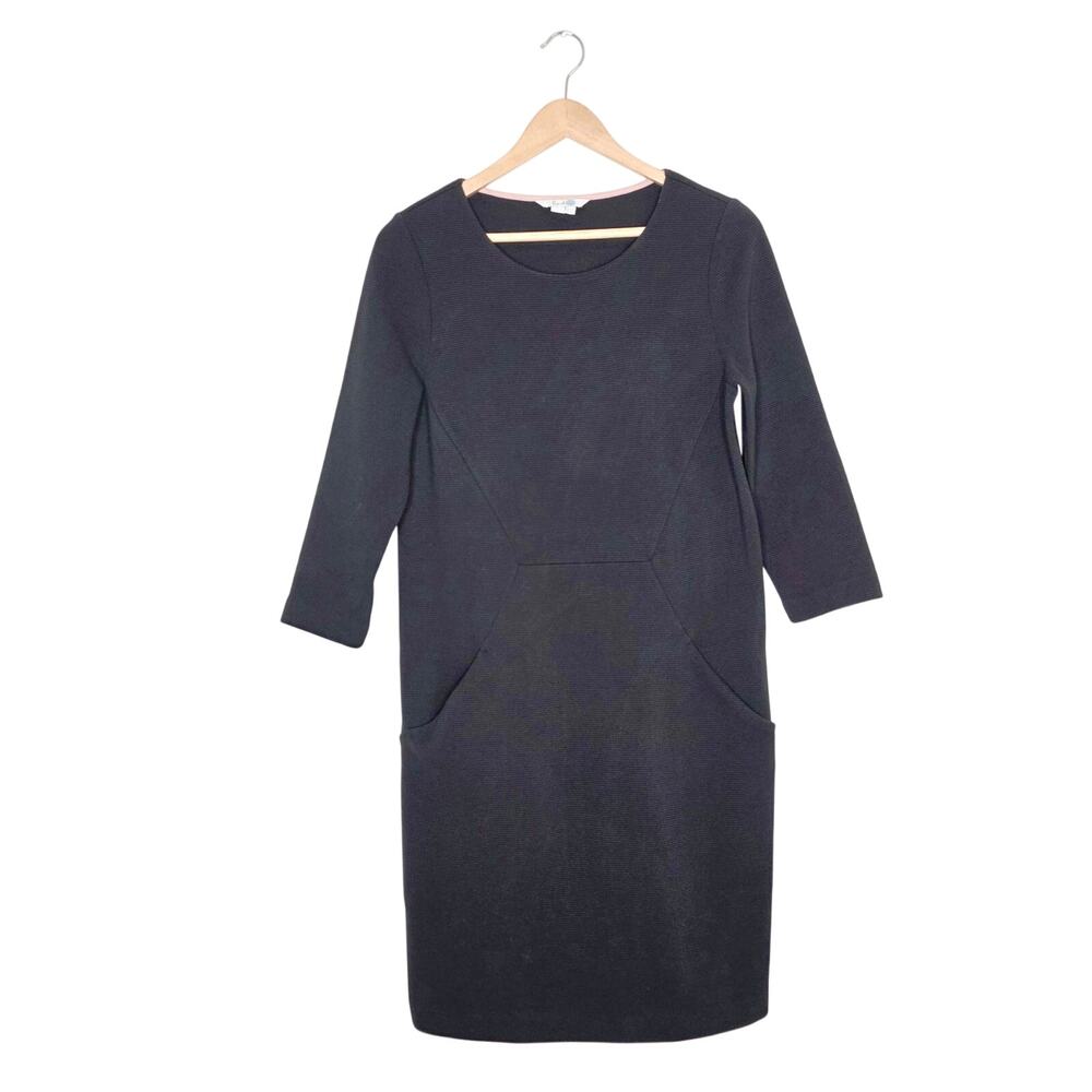 Boden Black Shift Dress Pockets US 8R 8 Regular Textured Ottoman Knit 3/4 Sleeve